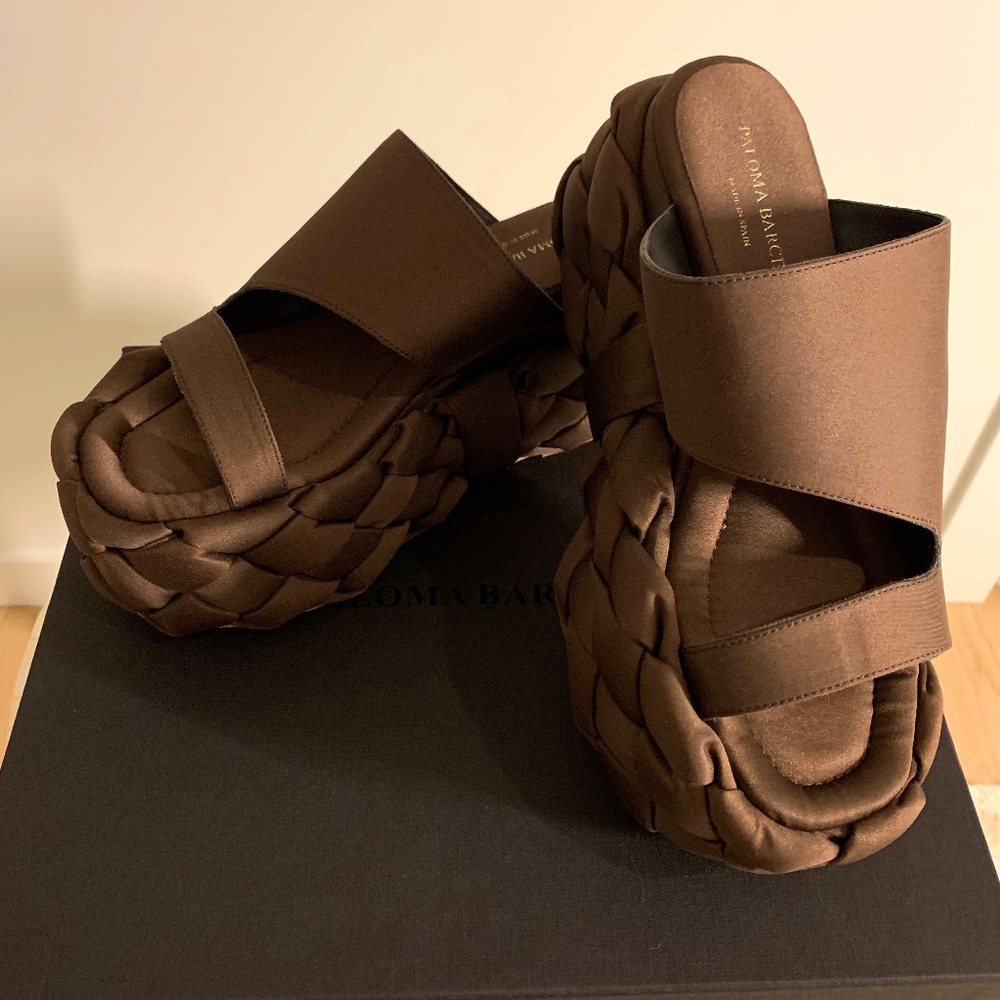 Paloma Barcelo Kadine Platform Sandals in Brown Satin